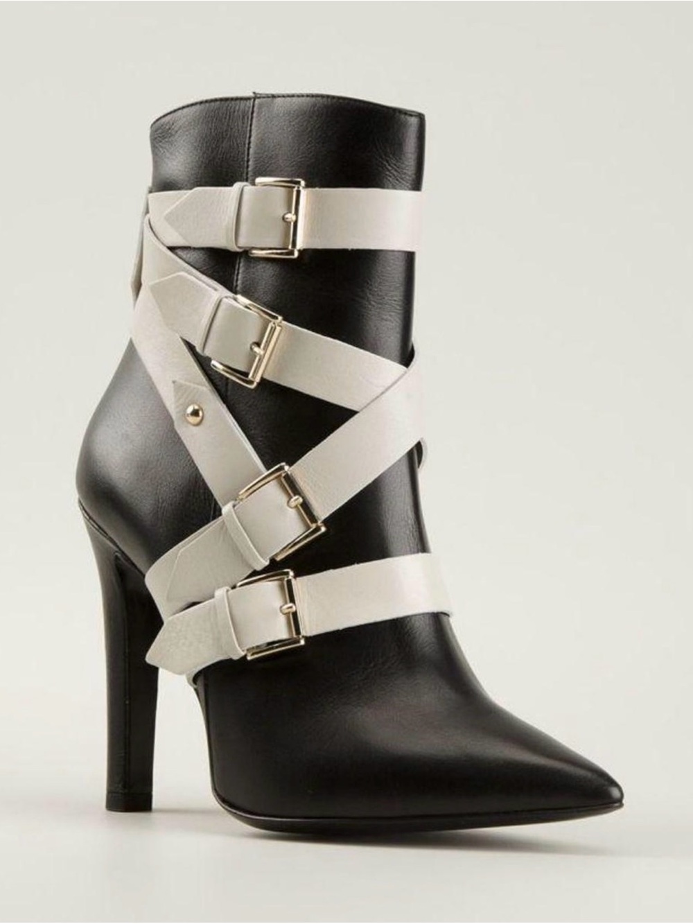 Studio Pollini Black Pointed Stiletto Ankle Boots with White Strap Buckles